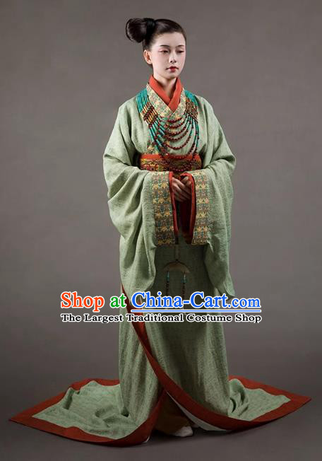 China Ancient Imperial Consort Replica Costumes Traditional Hanfu Green Dress Spring and Autumn Period Young Woman Clothing