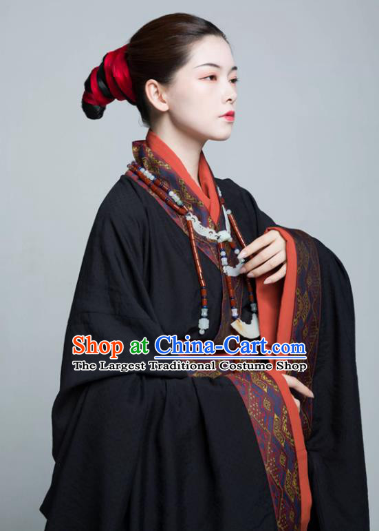 China Warring States Period Noble Woman Clothing Ancient Imperial Consort Replica Costumes Traditional Hanfu Black Dresses