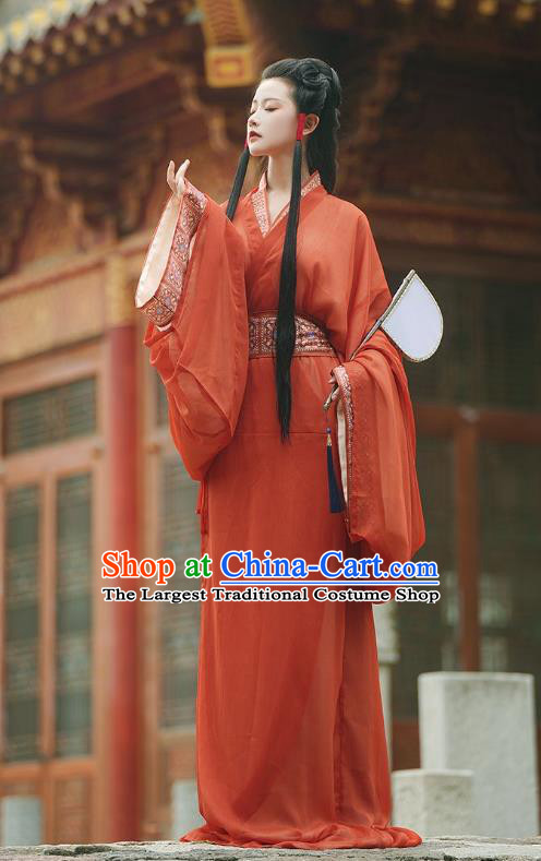 Chinese the Warring States Period Young Woman Red Dress Ancient Court Queen Straight Front Robe Clothing