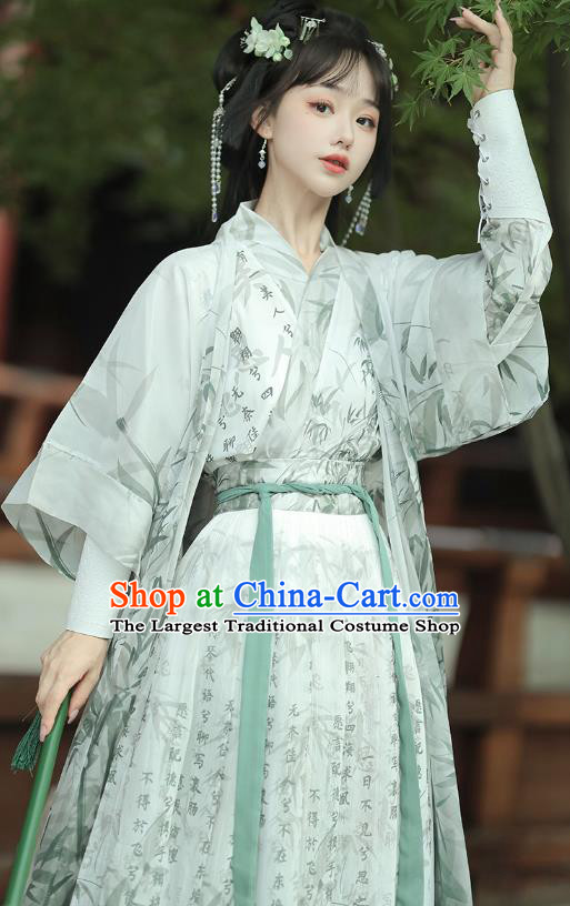 Chinese Ancient Swordsman Costumes Ming Dynasty Young Lady Clothing Traditional Ink Calligraphy Green Hanfu Dress
