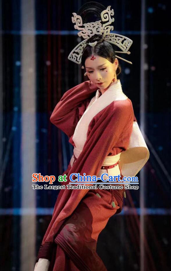 Chinese Classical Dance Red Dress Qin Dynasty Curving Front Robe Ancient Beauty Dance Costumes and Headpieces Complete Set