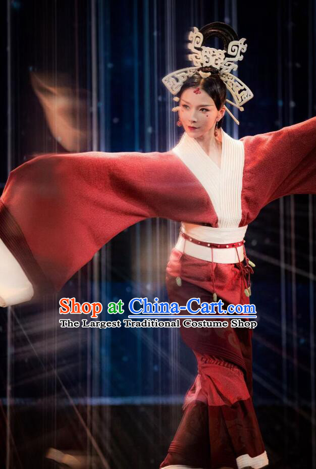 Chinese Classical Dance Red Dress Qin Dynasty Curving Front Robe Ancient Beauty Dance Costumes and Headpieces Complete Set