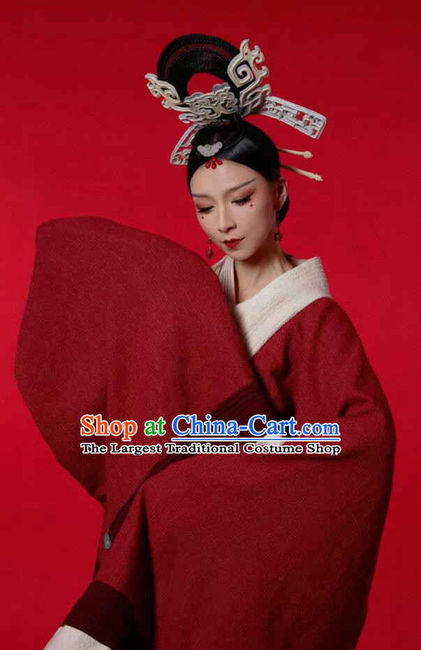 Chinese Classical Dance Red Dress Qin Dynasty Curving Front Robe Ancient Beauty Dance Costumes and Headpieces Complete Set