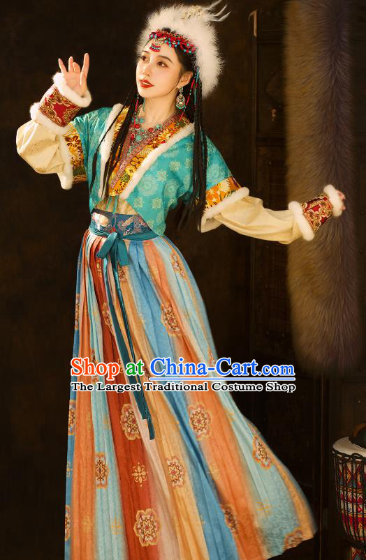 Chinese Ancient Ethnic Princess Clothing Traditional Blue Dresses Tang Dynasty Young Lady Garment Costumes