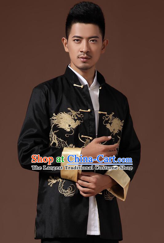 Chinese Embroidered Dragon Overcoat Handmade Mandarin Blouse Traditional Black Jacket for Men