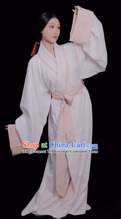 Chinese Han Dynasty Young Beauty White Dress Ancient Palace Lady Costumes Traditional Hanfu Curving Front Robe Qu Ju