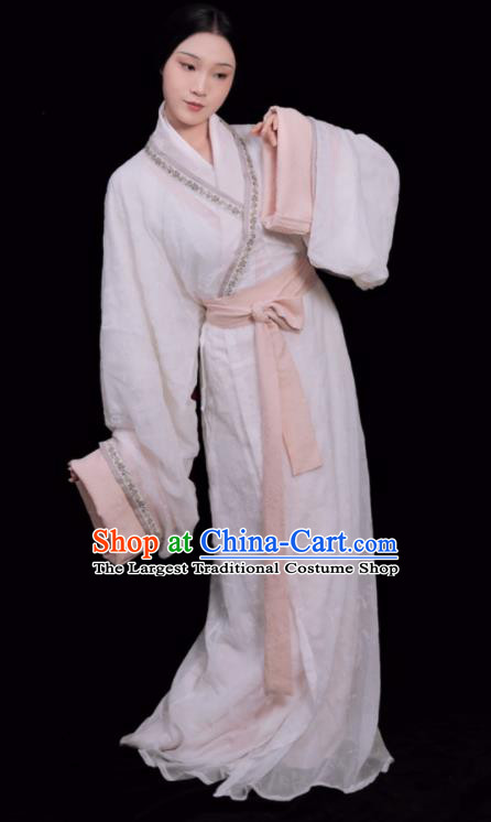 Chinese Han Dynasty Young Beauty White Dress Ancient Palace Lady Costumes Traditional Hanfu Curving Front Robe Qu Ju