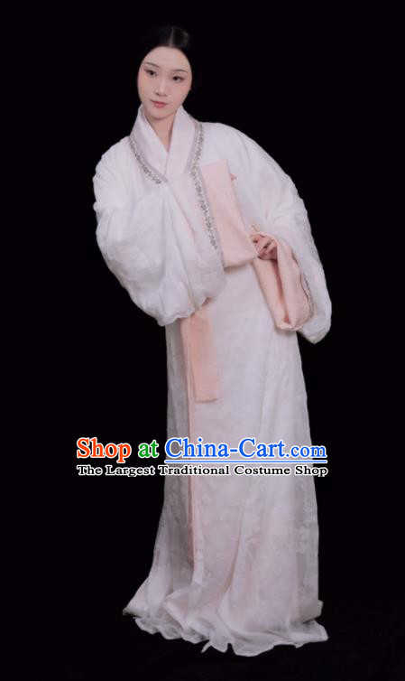 Chinese Han Dynasty Young Beauty White Dress Ancient Palace Lady Costumes Traditional Hanfu Curving Front Robe Qu Ju