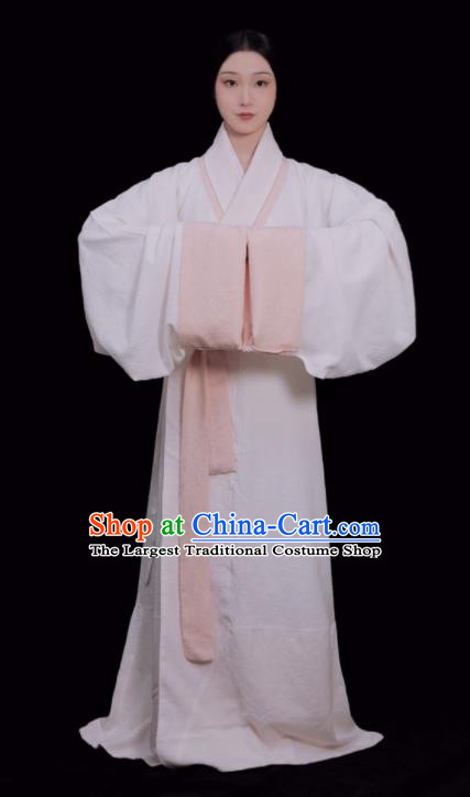 Chinese Han Dynasty Young Beauty White Dress Ancient Palace Lady Costumes Traditional Hanfu Curving Front Robe Qu Ju