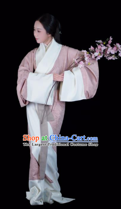 Chinese Han Dynasty Noble Lady Clothing Ancient Princess Pink Curving Front Robes Traditional Hanfu Dress Garment Costumes