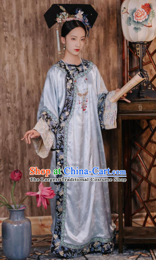 Chinese Ancient Palace Lady Blue Dress Traditional Garment Costumes Qing Dynasty Empress Clothing