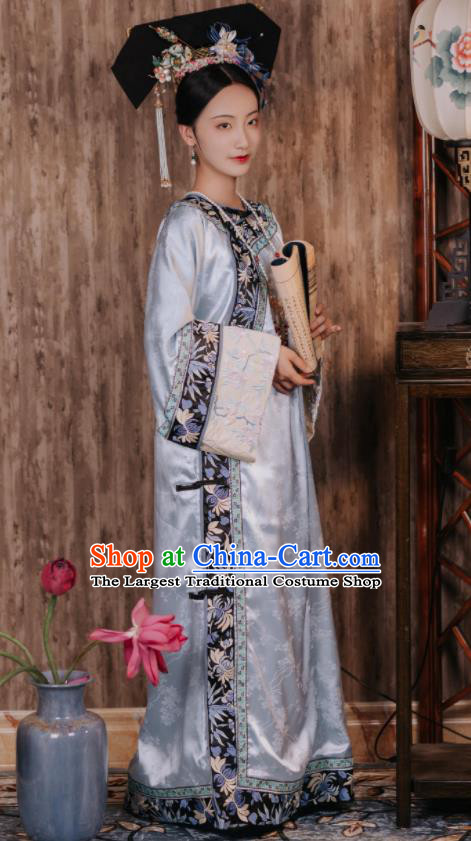 Chinese Ancient Palace Lady Blue Dress Traditional Garment Costumes Qing Dynasty Empress Clothing