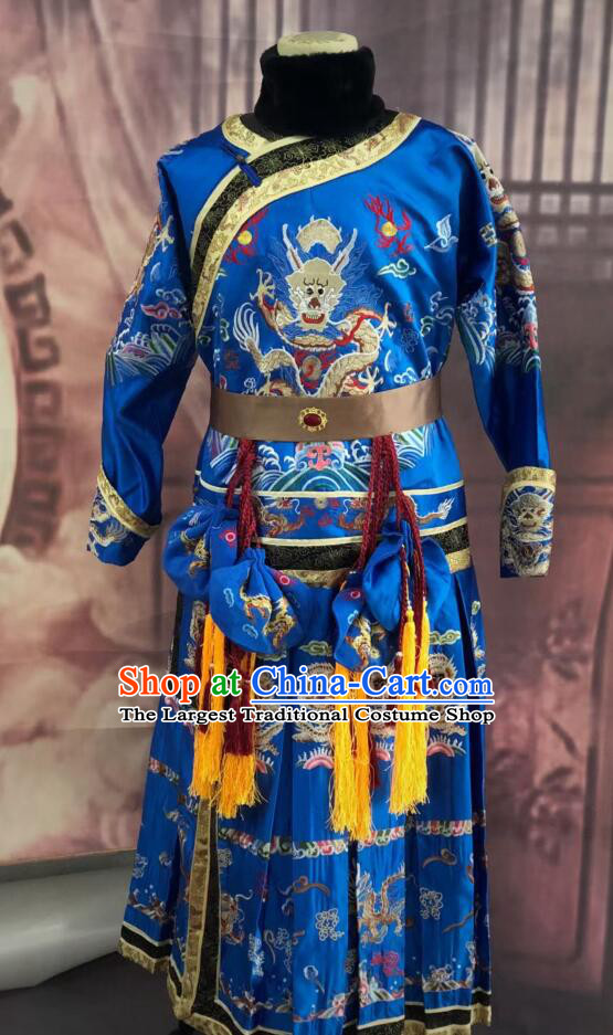 Top Handmade Qing Dynasty Emperor Royal Blue Robe Chinese Ancient Imperial Emperor Monarch Costumes