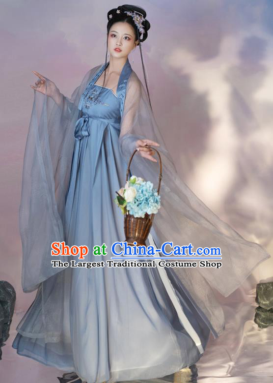 Chinese Traditional Garment Costumes Ancient Flower Fairy Clothing Tang Dynasty Princess Blue Hanfu Dress