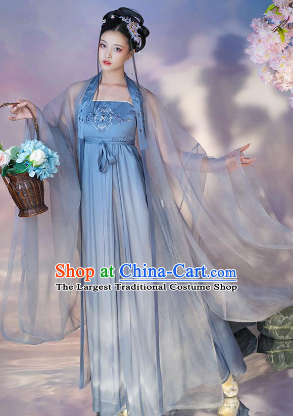 Chinese Traditional Garment Costumes Ancient Flower Fairy Clothing Tang Dynasty Princess Blue Hanfu Dress
