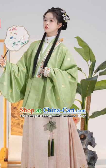 Chinese Ming Dynasty Young Woman Garment Costumes Ancient Princess Green Jacket White Shirt and Beige Skirt Complete Set