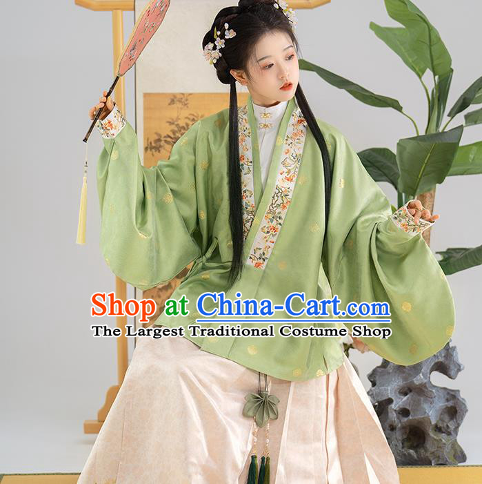 Chinese Ming Dynasty Young Woman Garment Costumes Ancient Princess Green Jacket White Shirt and Beige Skirt Complete Set