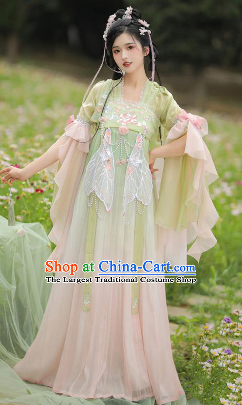 Chinese Tang Dynasty Palace Princess Garment Costumes Ancient Goddess Young Lady Green Hanfu Dress