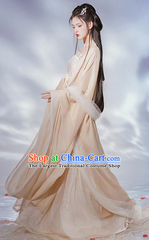Chinese Ancient Moon Goddess Young Lady Beige Hanfu Dress Tang Dynasty Princess Garment Costumes