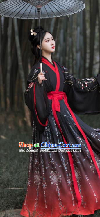 Chinese Traditional Hanfu Garments Jin Dynasty Swordswoman Costumes Ancient Young Lady Black Dresses