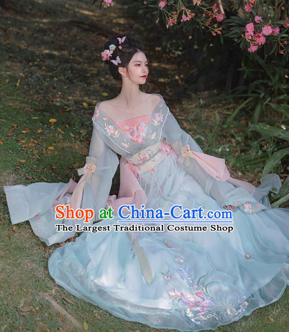 Chinese Southern and Northern Dynasties Princess Clothing Ancient Fairy Blue Dress Traditional Hanfu Costumes