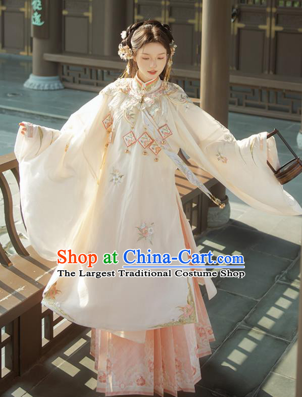 Chinese Traditional Noble Lady Hanfu Costumes Ming Dynasty Young Woman Clothing Ancient Princess Beige Long Gown and Pink Skirt Complete Set