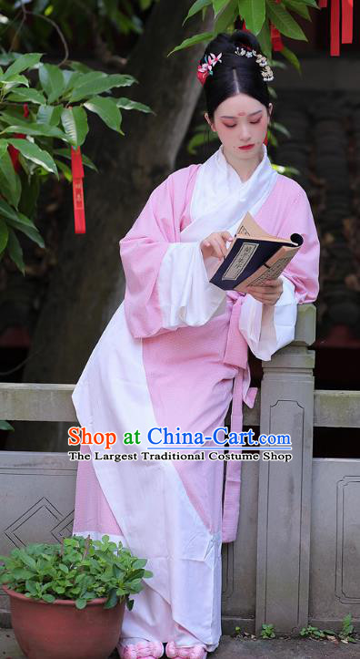 Chinese Hanfu Curving Front Robe Qu Ju Han Dynasty Historical Costume Ancient Young Woman Pink Dress