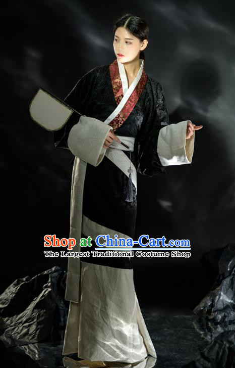 Chinese Han Dynasty Historical Costume Ancient Court Woman Black Dress Hanfu Curving Front Robe Qu Ju