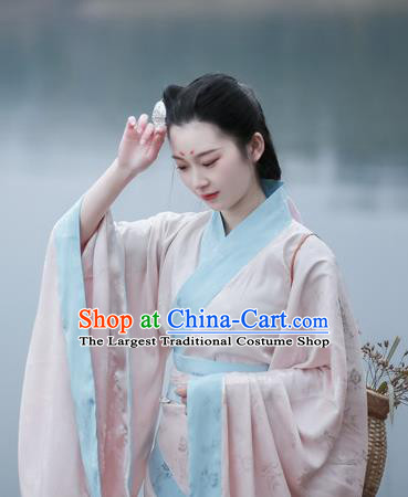 Chinese Han Dynasty Royal Princess Historical Costume Ancient Young Lady Pink Dress Hanfu Qu Ju Curving Front Robe
