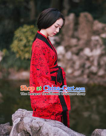 Chinese Ancient Royal Empress Red Dress Hanfu Qu Ju Curving Front Robe Han Dynasty Noble Woman Historical Costume