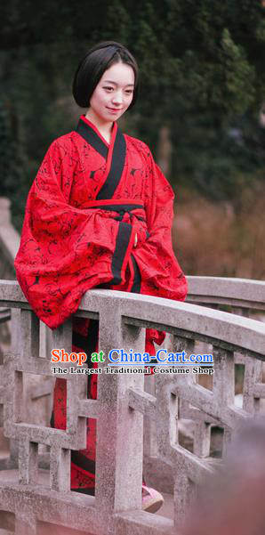 Chinese Ancient Royal Empress Red Dress Hanfu Qu Ju Curving Front Robe Han Dynasty Noble Woman Historical Costume