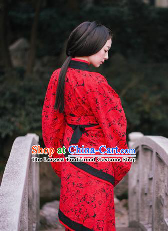 Chinese Ancient Royal Empress Red Dress Hanfu Qu Ju Curving Front Robe Han Dynasty Noble Woman Historical Costume