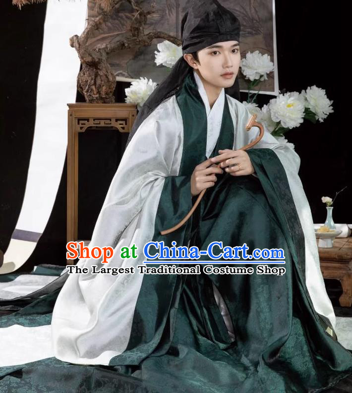 Chinese Ming Dynasty Garment Costumes Ancient Confucian Scholar Clothing Traditional Wide Sleeve Long Cloak and Gown Complete Set