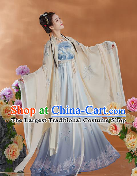 Chinese Tang Dynasty Princess Clothing Ancient Palace Beauty Garment Costumes Traditional Beige Cape and Blue Hezi Dress Complete Set