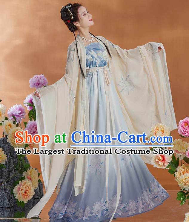 Chinese Tang Dynasty Princess Clothing Ancient Palace Beauty Garment Costumes Traditional Beige Cape and Blue Hezi Dress Complete Set