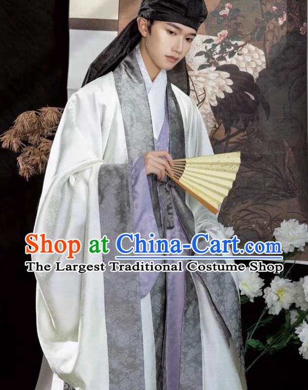 Chinese Ancient Scholar t Costumes Hanfu Cape and Lilac Gown Ming Dynasty Young Man Clothing Complete Set