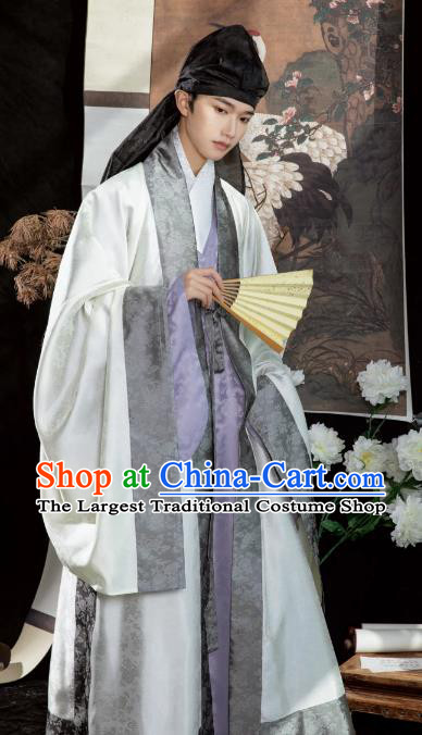 Chinese Ancient Scholar t Costumes Hanfu Cape and Lilac Gown Ming Dynasty Young Man Clothing Complete Set