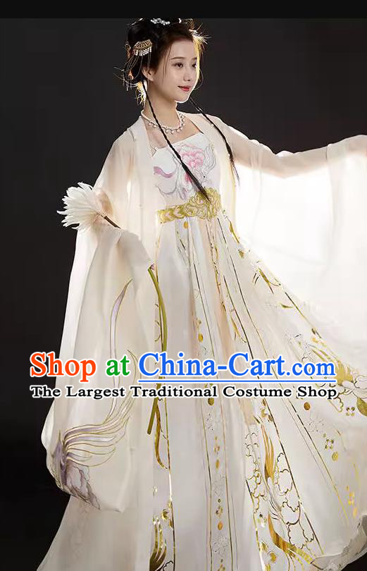 Chinese Ancient Moon Goddess Garment Costumes Tang Dynasty Princess Clothing White Hanfu Dresses Ru Qun and Cape