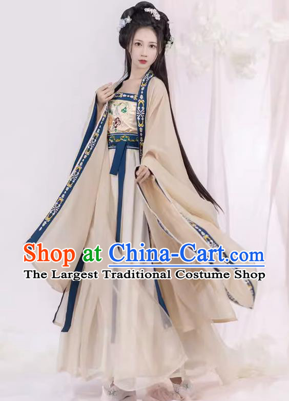 Chinese Hanfu Ru Qun Beige Dresses Ancient Flower Goddess Clothing Tang Dynasty Court Princess Garment Costumes