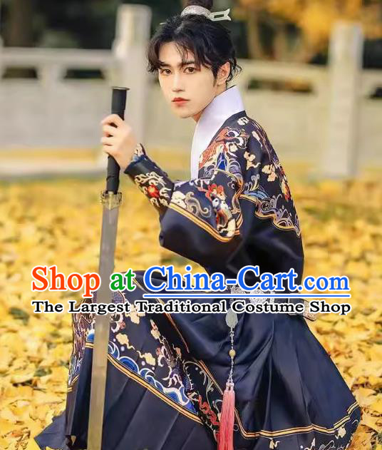 Chinese Feiyu Clothing Ancient Young Swordsman Blue Robe Ming Dynasty Imperial Guard Garment Costume