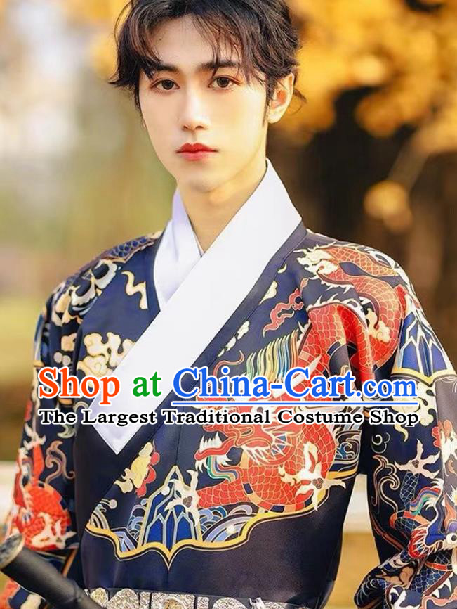 Chinese Feiyu Clothing Ancient Young Swordsman Blue Robe Ming Dynasty Imperial Guard Garment Costume