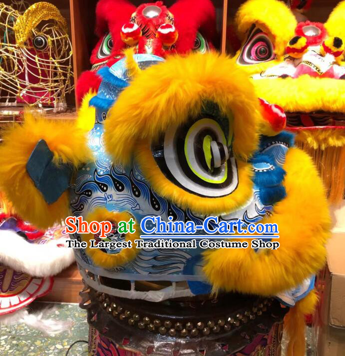 Top Handmade Light Gold Wool Hok San Lion Chinese Performance and Competition Blue Lion Dance Costumes