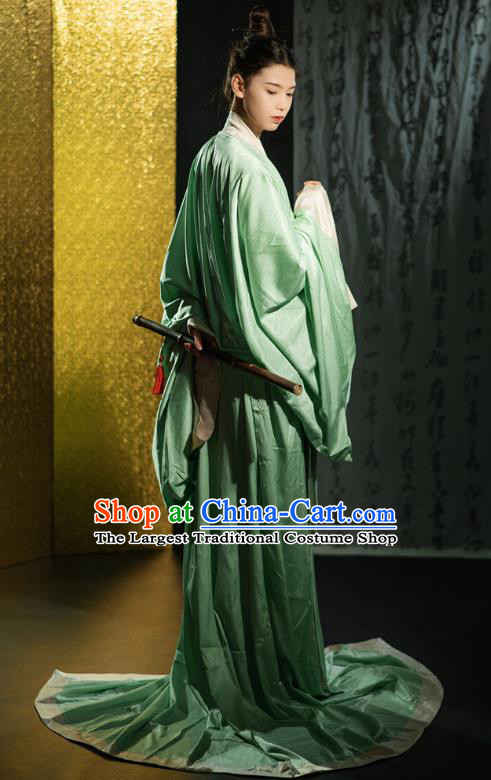 Chinese Traditional Han Fu Green Straight Front Robe Qin Dynasty Childe Clothing Ancient Handsome Scholar Costume