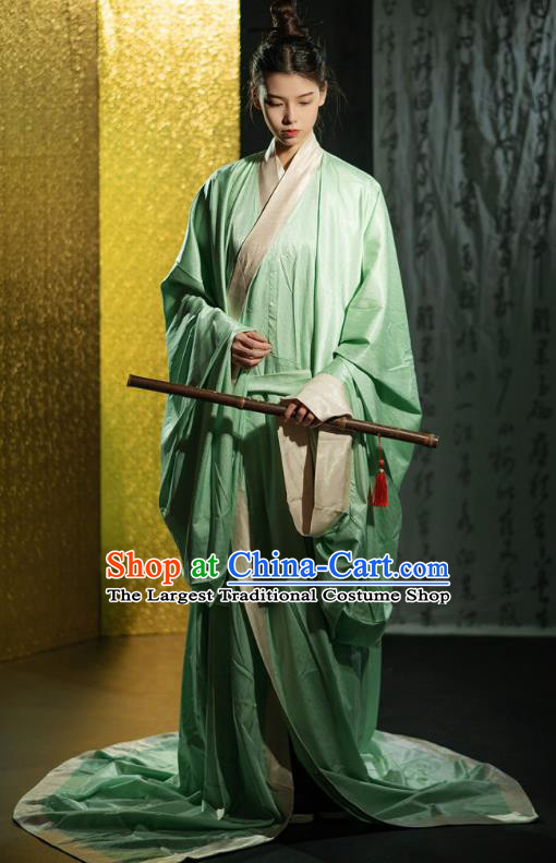 Chinese Traditional Han Fu Green Straight Front Robe Qin Dynasty Childe Clothing Ancient Handsome Scholar Costume