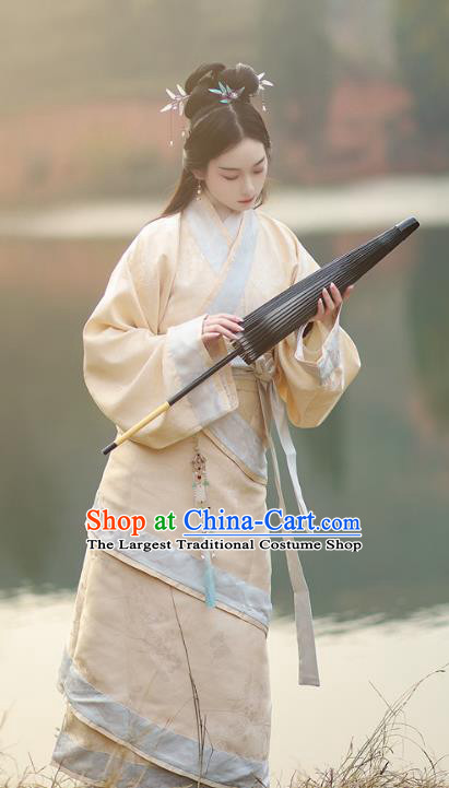Chinese Ancient Noble Woman Costume Traditional Han Fu Beige Curving Front Robe Han Dynasty Young Lady Clothing