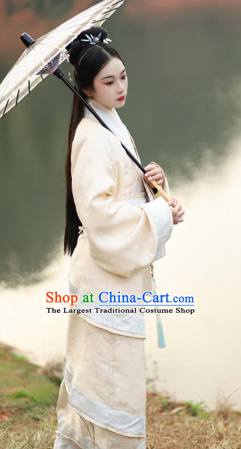 Chinese Ancient Noble Woman Costume Traditional Han Fu Beige Curving Front Robe Han Dynasty Young Lady Clothing