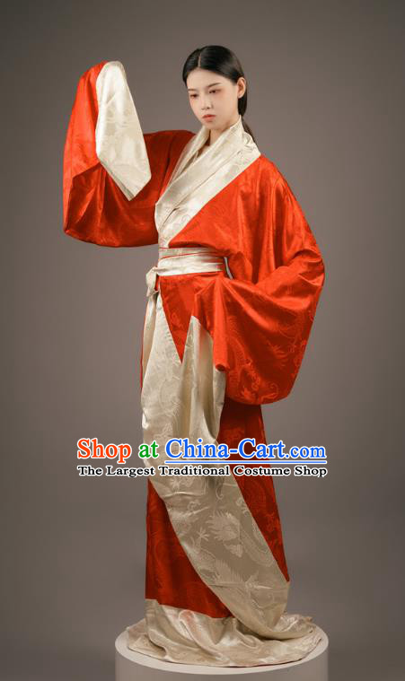 Chinese Traditional Han Fu Straight Front Robe Red Dress Han Dynasty Court Maid Clothing Ancient Palace Lady Costume