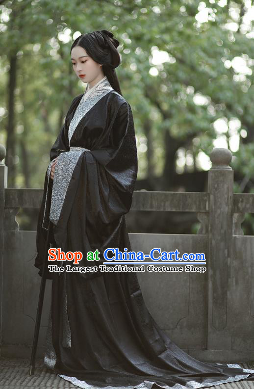 Chinese Ancient Palace Empress Costume Traditional Han Fu Straight Front Robe Black Dress Qin Dynasty Royal Princess Clothing