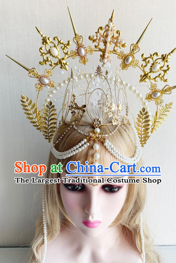 Top Catwalks Queen Golden Crown Handmade Goddess Hair Jewelry Stage Show Headpieces
