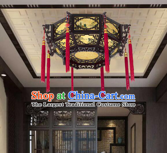 Chinese Wood Large Palace Lantern Hand Painted Landscape Ceiling Lantern